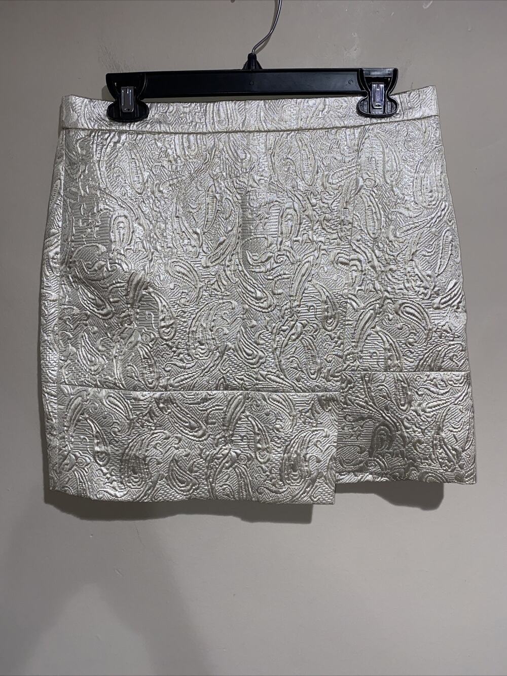 J Crew Pearlized Cream Paisley Metallic Origami Faux Wrap Mini Skirt Sz 4